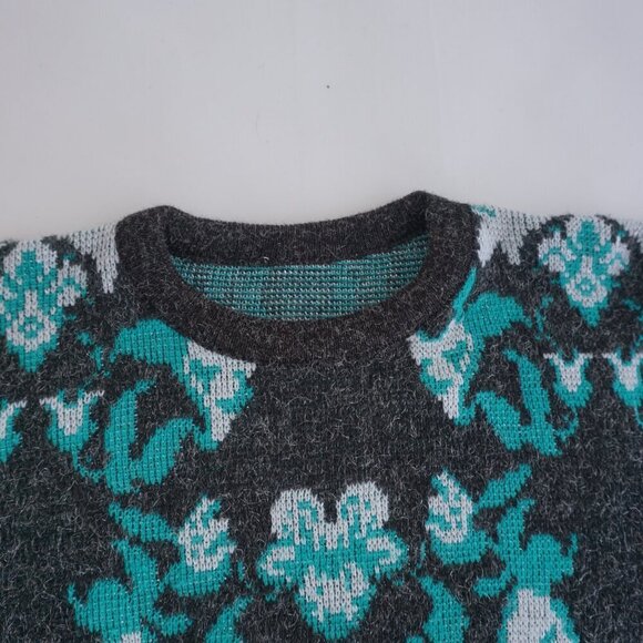 Vintage Grey Green Floral Knit Crewneck Fair Isle Fisherman Sweater S - Picture 9 of 10